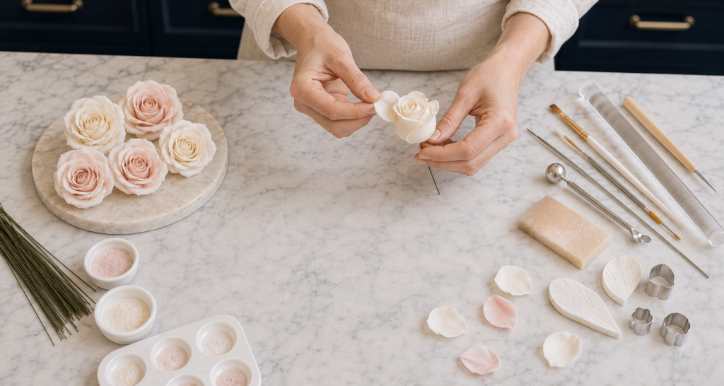 hand-crafted sugar flowers and fine detail on a bespoke cake