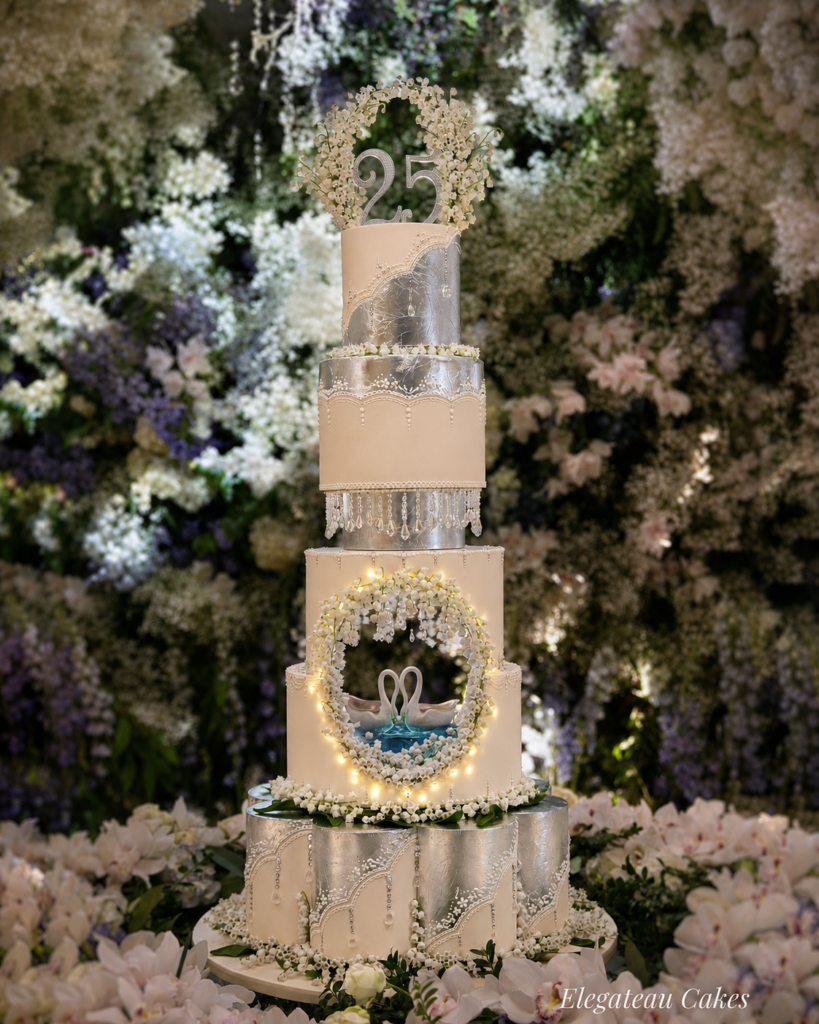 tall multi-tier display wedding cake with dramatic height