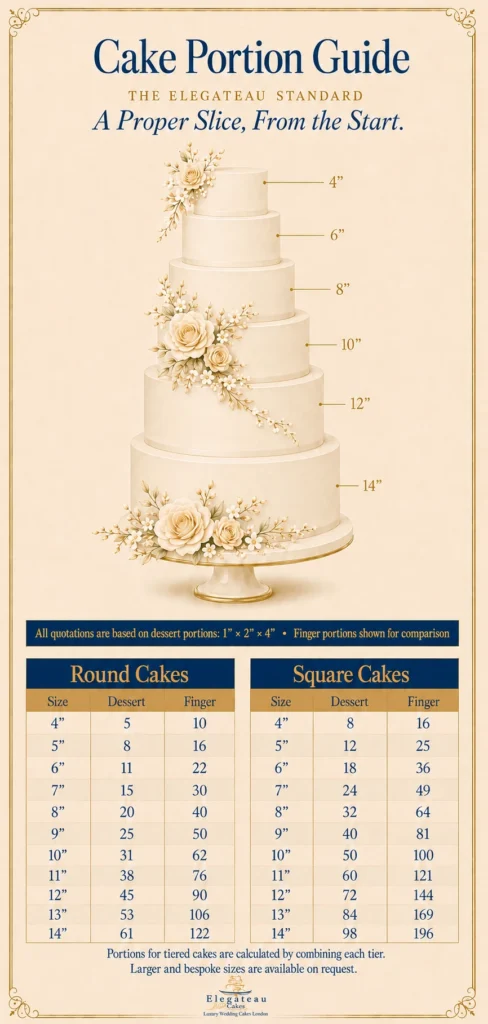 Elegateau cake portion guide: dessert and finger slice servings for round and square cake tiers from 4 to 14 inches